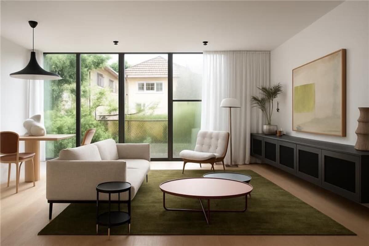 Phòng khách render với thảm và nội thất hiển thị sống động trong không gian thực