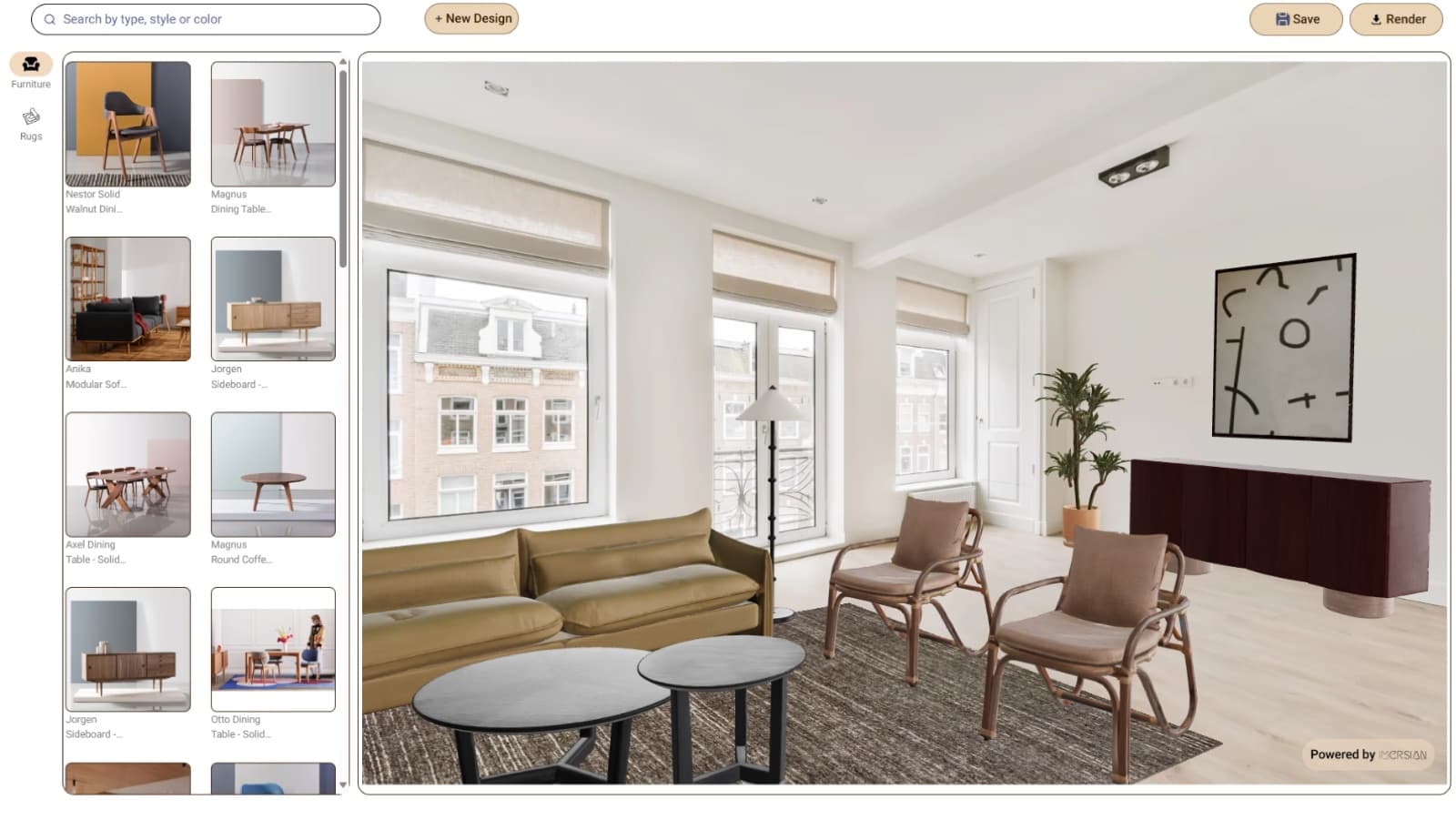 Giao diện Design Studio của Imersian phối nội thất và thảm trong một phòng